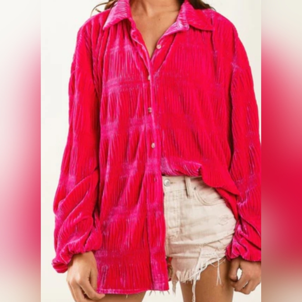BiBi Wrinkle Shirred Velvet Long Sleeve Button Down blouse